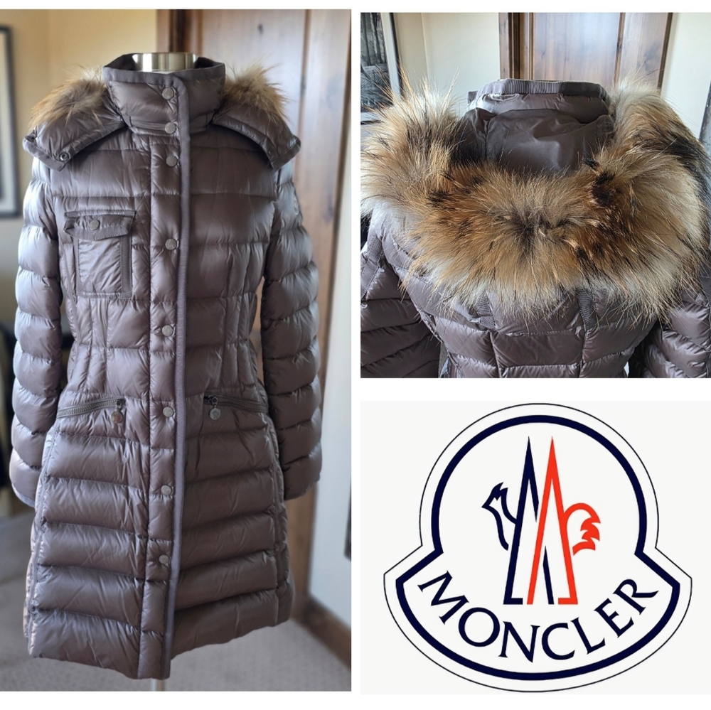 Moncler Taupe Hermifur Down Coat with Real Fur-Trim Removable Hood